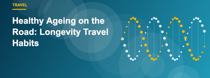 Illustration of a suitcase and passport beside a DNA helix symbolising healthy ageing while travelling